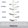 Dirty Jigs Tactical Bassin Underspin Comparison of 1/8, 3/16, 1/4, and 3/8 ounce lures over a 6-inch FishUSA ruler