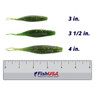 Yamamoto Scope Shad color Spanish Moss in all sizes (3 in., 3 1/2 in., 4 in.) above a 6 inch FishUSA Ruler