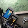 Close up of Humminbird video monitors under control of a Humminbird Mega Live TargetLock Foot Pedal
