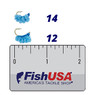 Comparison of  sizes 12 and 14 Crystal Meth Egg Fly color Blue over a FishUSA ruler