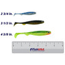 Salmo Slick Shad Swimbait sizes 2 3/4 inch Blue Ice UV, 3 1/2 inch Dark Oil UV, and 4 3/8 inch Lemon Tiger over FishUSA ruler