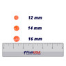 Size comparison of 12, 14, and 16mm sizes of Orangesicle color Hawken Aero-Baits Mottled Soft Beads above FishUSA Ruler