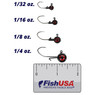 Comparison of Bonehead BX Jig Head color Black in sizes 1/32 oz., 1/16 oz., 1/8 oz and 1/4 oz. above a 2 inch FishUSA ruler