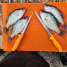 Fillet Away Fish Mat color Orange with fish and knives (Fillet Knives not included)