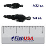 Kenders Tungsten Big Juicy Leech color Black-Black comparison between 1/8 oz. and 1/32 oz. sizes above a 3 in. FishUSA ruler