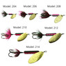 Worden's Original Rooster Tail comparison among all six model sizes of the Rainbow color inline spinning lure