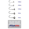 ATX Lure Company Tungsten Jigheads color Unpainted in all sizes (1/56 oz., 1/32 oz., 1/16 oz., 1/8 oz., 1/4 oz.) above a 2 inch FishUSA ruler