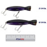 Yo-Zuri Mag Popper color Black Purple in sizes (5 1/4 in., 6 1/4 in.) above a 6 inch FishUSA ruler