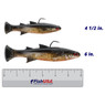 Z-Man Mulletron LT Swimbait - Fast Sink color Goldrush in both sizes (4 1/2 in. 6 in.) above a 6 inch FishUSA ruler