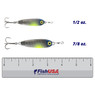 War Eagle Jigging Spoon color Smallmouth Candy in both sizes (1/2 oz., 7/8 oz.) above a 6 inch FishUSA ruler