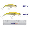 Yo-Zuri 3D Inshore Minnow color Yellow Mullet in both sizes (3 1/2 in., 4 3/8 in.) above a 6 inch FishUSA ruler