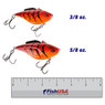 Bill Lewis Knockin' Hammer Trap Crankbait color Firecraw in both sizes (3/8 oz., 5/8 oz.) above a 6 inch FishUSA ruler