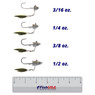 Food Chain Main Course Underspin Jig Head color Golden Shiner in all sizes (3/16 oz., 1/4 oz., 3/8 oz., 1/2 oz.) above a 6 inch FishUSA ruler