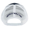 FishUSA Flat Stitch Trucker Hat from the back showing the white mesh, snapback closure and text
