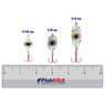 Fish Daddy Dirty Bomb Wonderbread Spoon color Blinking Blue in all sizes (1/16 oz., 1/8 oz., 1/4 oz.) above a 6 inch FishUSA Ruler