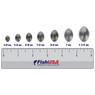 FishUSA Egg Sinkers in all sizes (1/8 oz., 1/4 oz., 3/8 oz., 1/2 oz., 3/4 oz., 1 oz., 1 1/2 oz.) above a 6 inch FishUSA ruler