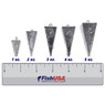 FishUSA Pyramid Sinkers in all sizes (1 oz., 2 oz., 3 oz., 4 oz., 5 oz.) above a 6 inch FishUSA ruler