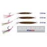 Hogy Squinnow Jig color Olive Crab in all sizes (1 3/4 oz., 3 1/2 oz., 4 1/2 oz.) above a 6 inch FishUSA Ruler