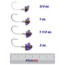 No Live Bait Needed Jig Heads - Size 8/0 color Purple Haze in all sizes (3/4 oz., 1 oz., 1 1/2 oz., 2 oz.) above a 6 inch FishUSA Ruler