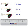 Thomas Special Spin color Watermelon in all sizes (1/10 oz., 1/6 oz., 1/4 oz.) above a 6 inch FishUSA ruler