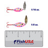 PK Lures Predator Spoon color Wonderbread Glow in both sizes (1/16 oz., 1/8 oz.) above a 3 inch FishUSA ruler