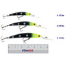 Yo-Zuri Crystal Minnow Walleye Deep Diver color Zombie in all sizes (3 1/2 in., 4 3/8 in., 5 1/4 in.) above a 6 inch FishUSA ruler