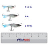ACME Tackle Hyper Glide color Shadz in all sizes (1 1/2 in., 2 in., 2 1/2 in.) above a 6 inch FishUSA ruler