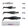 Z-Man DieZel MinnowZ Soft Swimbait color Mulletron in all available sizes (4 in., 5 in., 6 in., 7 in.) above a 6 inch FishUSA ruler
