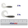 Kalin's Lunker Grub Soft Bait color Smoke Hologram in both sizes (3 in., 5 in.) above a 6 inch FishUSA ruler
