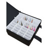 Lakewood Shad Mate Tackle Box  top down view of dividers, empty hook slots, and hanging lures