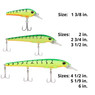 Berkley Hit Stick Hard Bait comparing 1 3/8 inches length to 2 inch 2 3/4 inch 3 1/2 inch 4 1/2 inch and 5 1/9 inch models