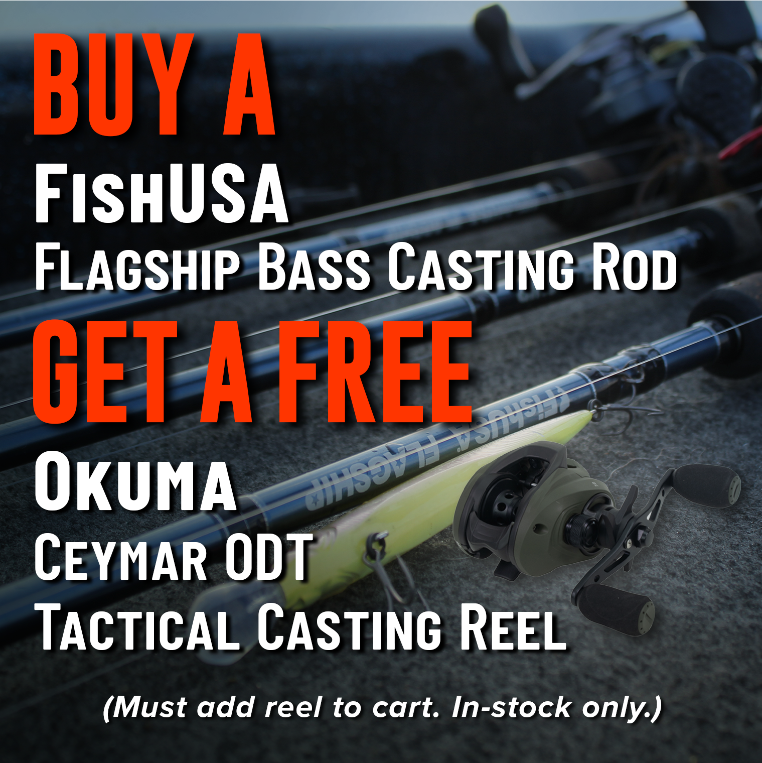Buy a FishUSA Flagship Bass Casting Rod, Get a FREE Okuma Ceymar ODT Tactical Casting Reel (Must add reel to cart. In-stock only)