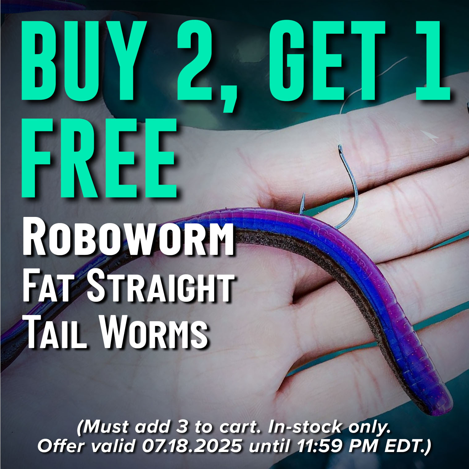 Buy 2, Get 1 Free! Roboworm Fat Straight Tail Worms Shop Now (Must add 3 to cart. In-stock only. Offer valid 07.18.2025 until 11:59 PM EDT.)