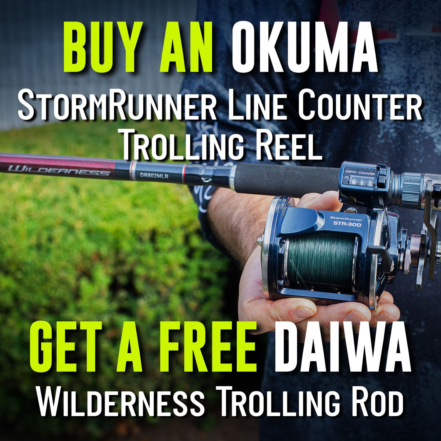 Buy an Okuma StormRunner Line Counter Trolling Reel Get a Free Daiwa Wilderness Trolling Rod