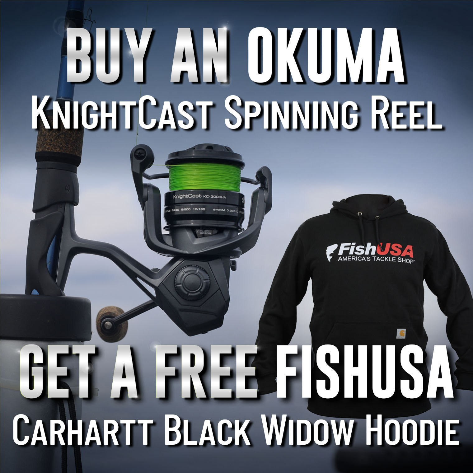 Buy An Okuma KnightCast Spinning Reel Get a Free FishUSA Carhartt Black Widow Hoodie