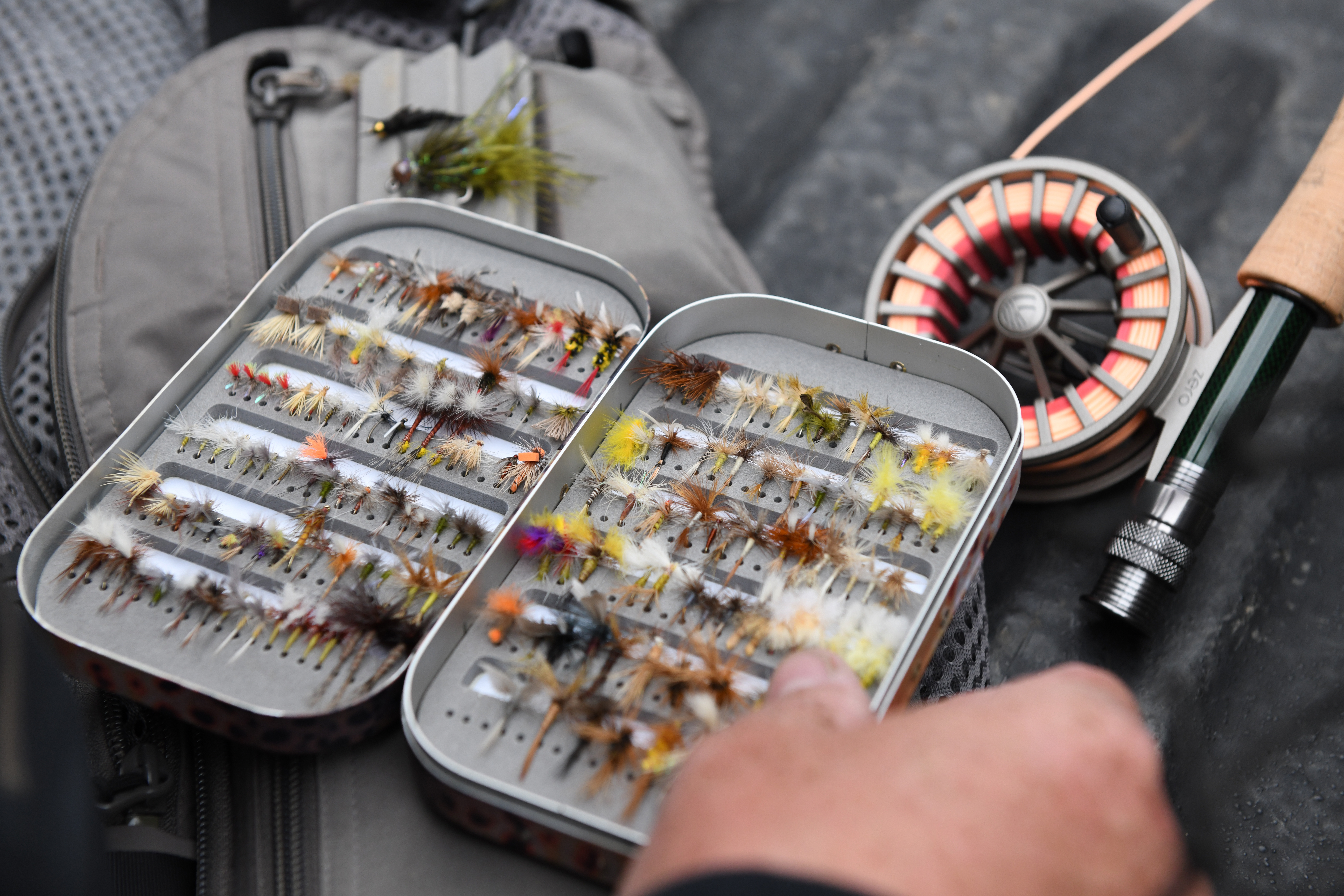 Small stream fly fishing setup with dry flies, nymphs, and streamers