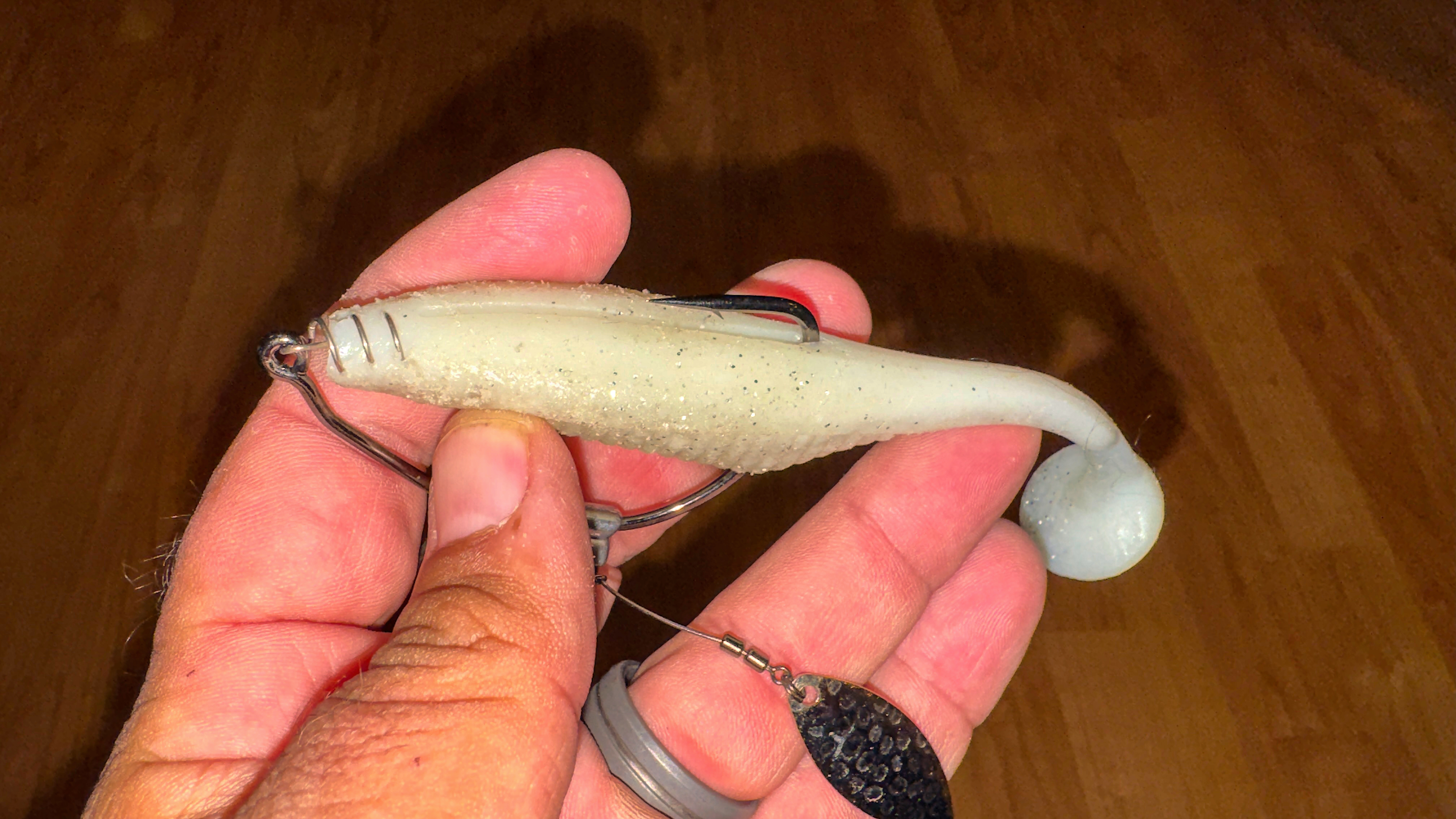 5-inch swimbait rigged on a belly-weighted hook with blade — the go-to prespawn bass setup