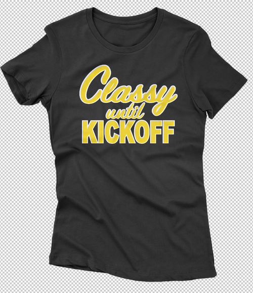 Classy Until Kickoff  LADIES -SHORT SLEEVE Tee -White and Yellow print