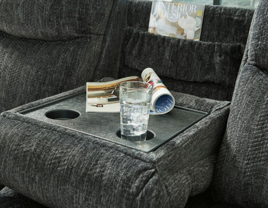 Martinglenn - Ebony - Reclining Sofa W/Drop Down Table - Fabric