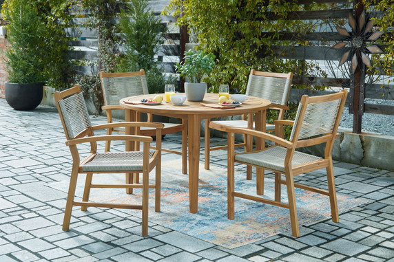 Janiyah - Light Brown - 5 Pc. - Dining Set, 4 Rope Back Arm Chairs