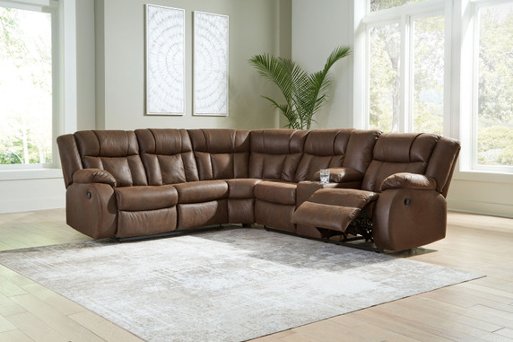 Trail Boys - Walnut - 2-Piece Reclining Sectional With Raf Reclining Loveseat With Console - Faux Leather