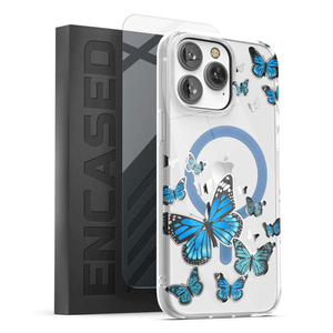 Encased Lexion MagSafe Case with Screen Protector iPhone 14 Pro - Silver Blue Butterfly