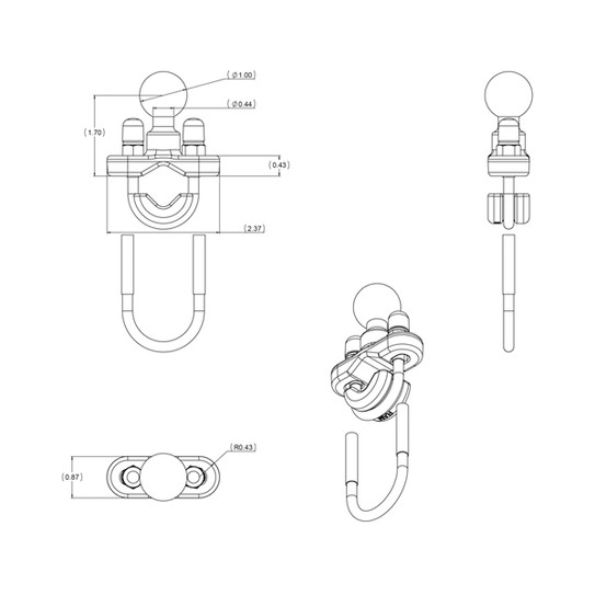 RAM 1" Ball with Steel U-bolt Rail Base