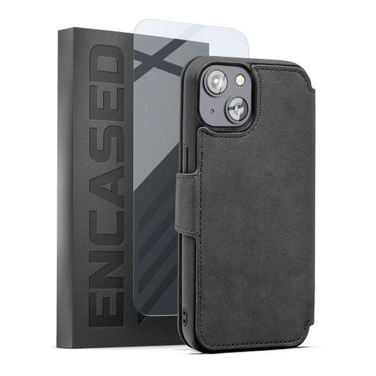 Encased Leather Folio Wallet Case with Screen Protector iPhone 14/13 - Grey