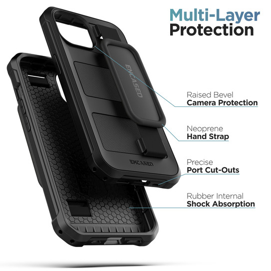 Encased Falcon Case iPhone 15 with Hand Strap and Belt Clip Holster - Black