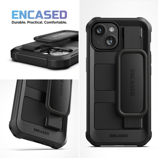 Encased Falcon Case iPhone 15 with Hand Strap and Belt Clip Holster - Black