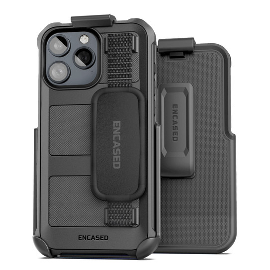 Encased Falcon Case iPhone 15 Pro with Hand Strap and Belt Clip Holster - Black