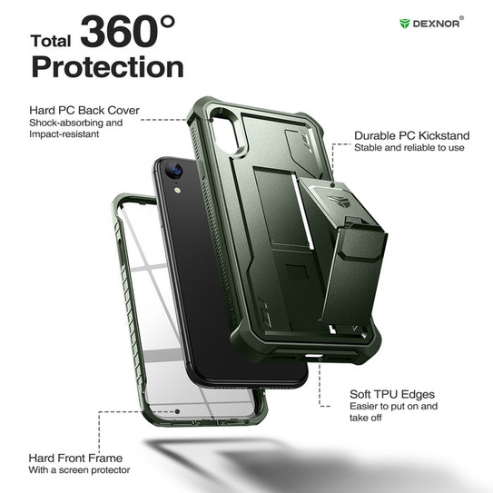 Dexnor Durable Case iPhone XR with Screen Protector and Adjustable Kickstand - Green
