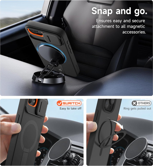 Suritch Flex Armor Case iPhone 17e/16e with Camera Cover and Adjustable Kickstand - Black