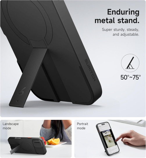 Suritch Flex Armor Case iPhone 16 Plus with Camera Cover and Adjustable Kickstand - Black